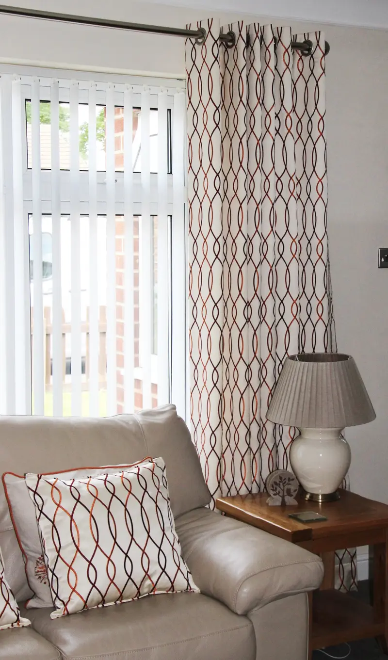 Geometric print made to measure curtains in a lounge by Heather Horrocks Leigh